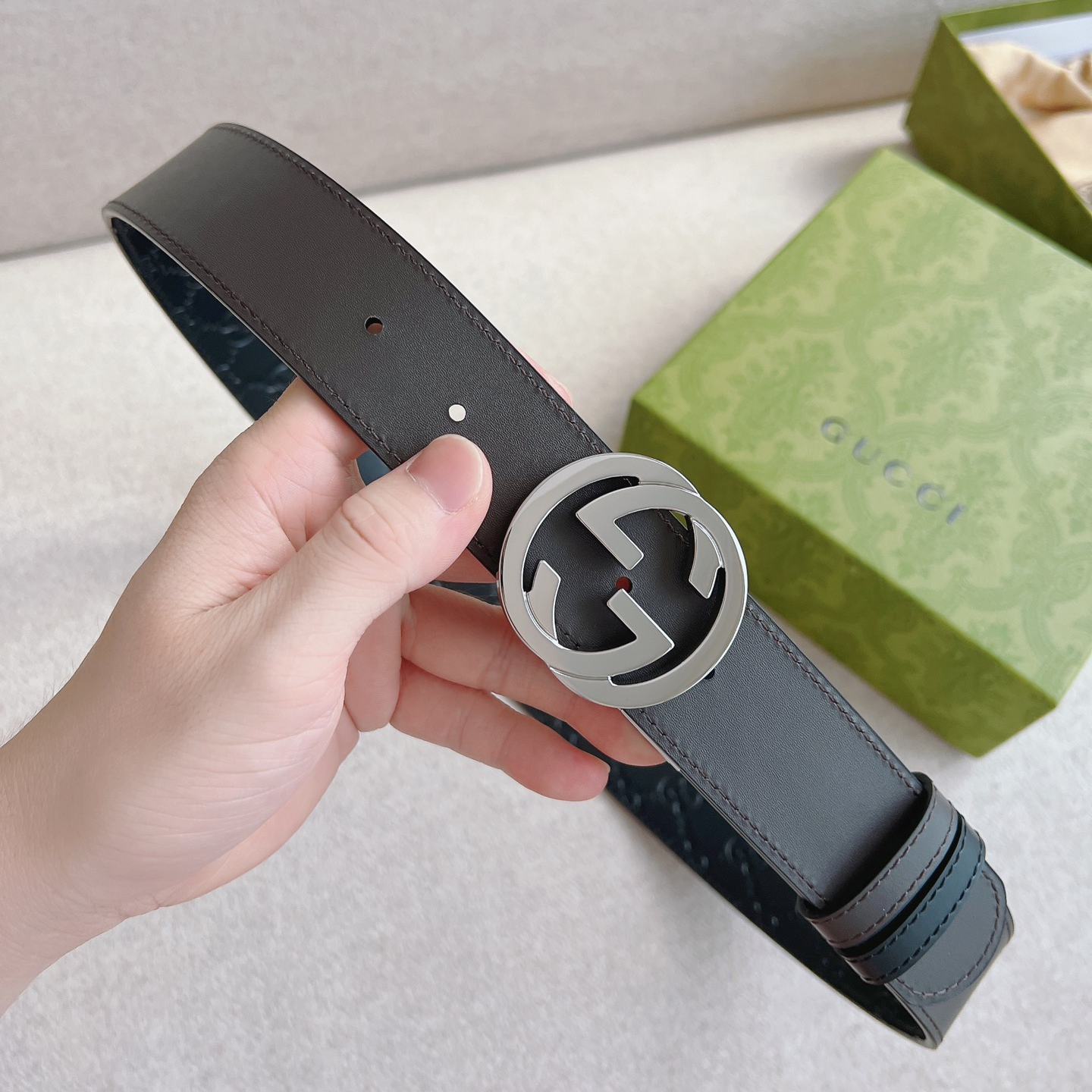 Gucci Signature printed cowhide double-sided belt 3.70CM wide