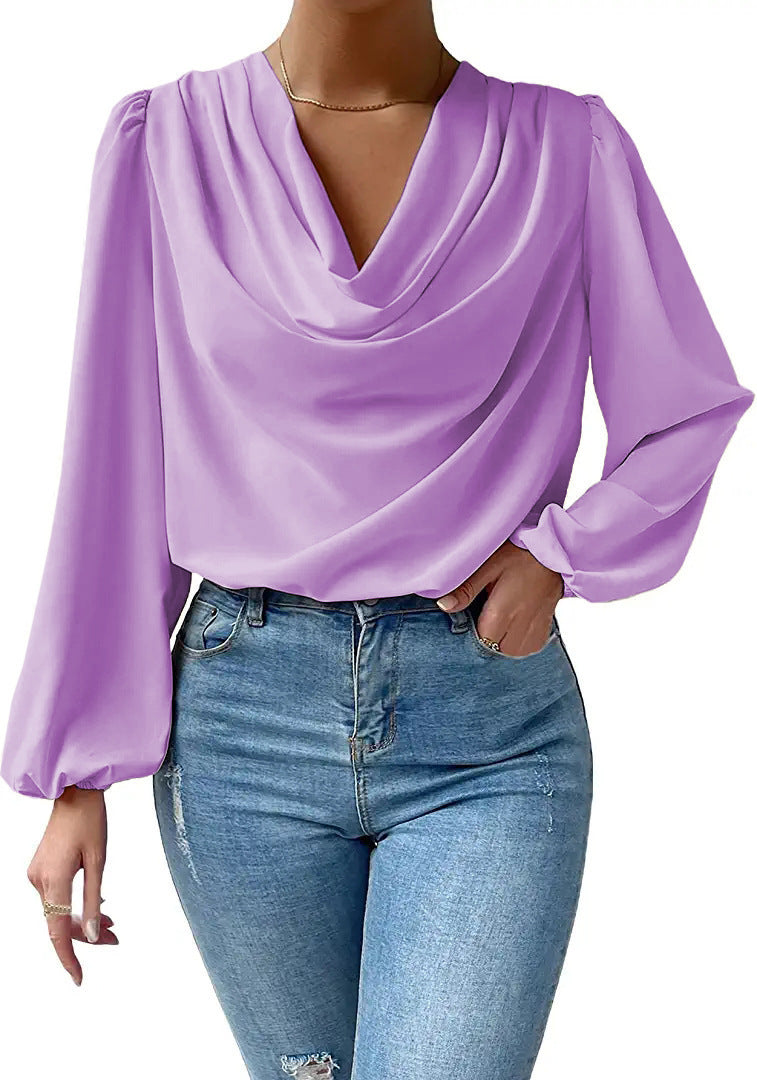 Summer Chiffon Draped V-neck Long-Sleeved Shirt, Loose Fit Top
