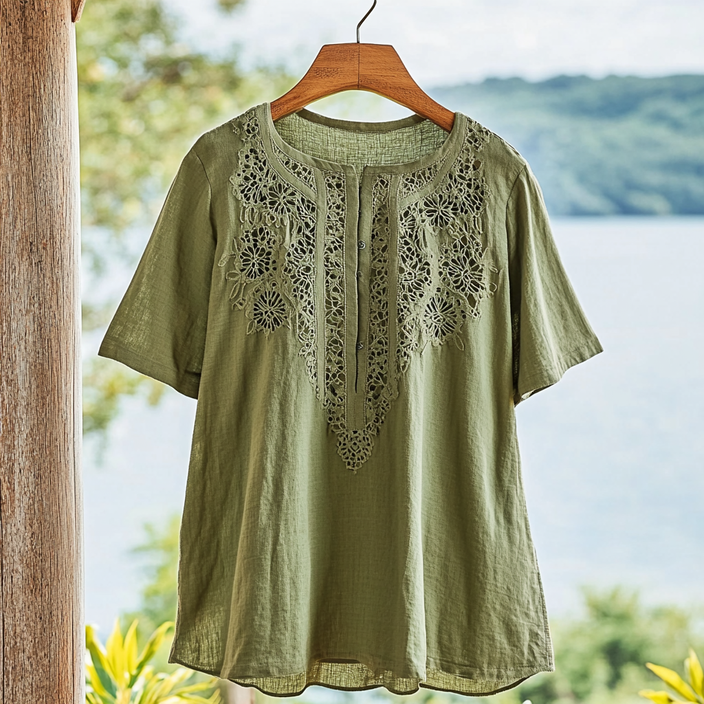 Women's Lace Floral Design Linen Button Shirt