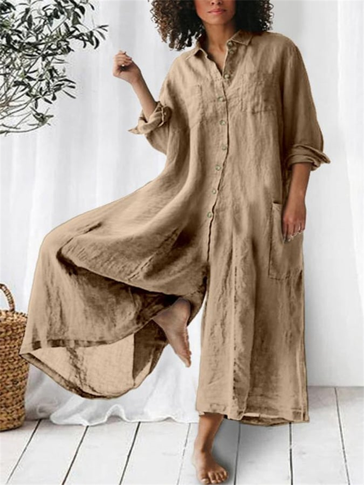 Patch Pocket Button Down Wide Leg Jumpsuit