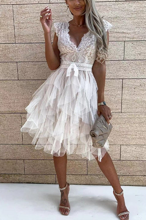 Heididress V Neck Sleeveless Lace Splice Solid Dress