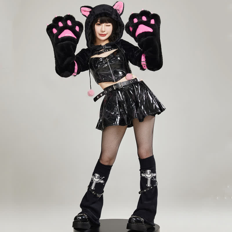 Cosplay Kitty Paw Hooded PU Lingerie Set