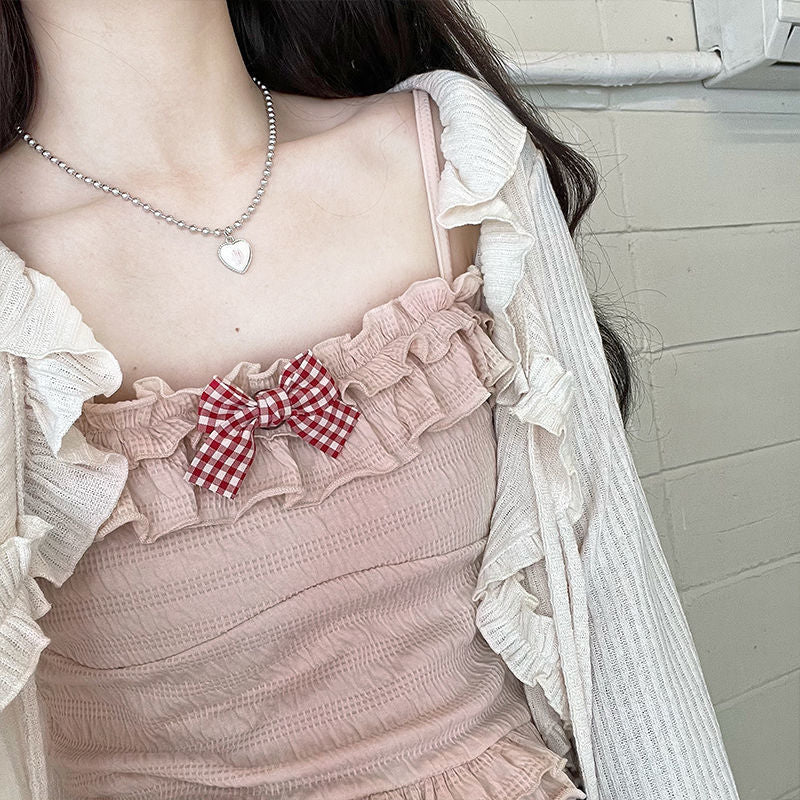 Gingham Bow Ruffle Cami Top and Cardigan Set