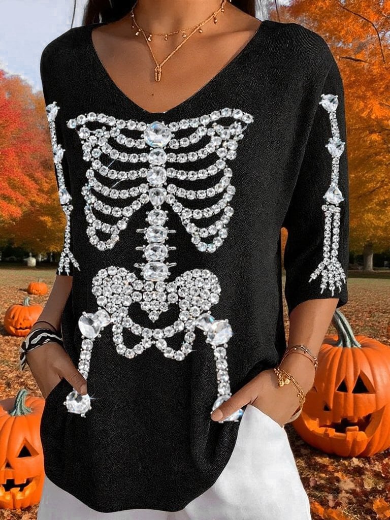 🔥Buy 3 Get 10% Off🔥✨Iuminous Effect✨Women's Halloween Fluorescent Diamond Skeleton Print V-Neck T-Shirt