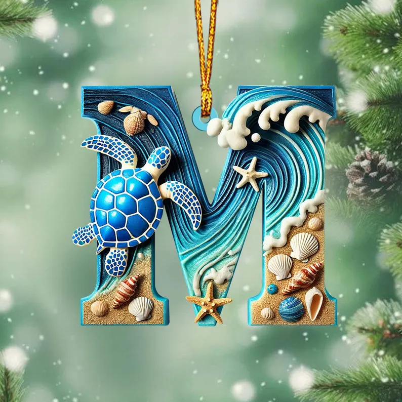Personalized Ocean Turtle Initial Letter Ornament