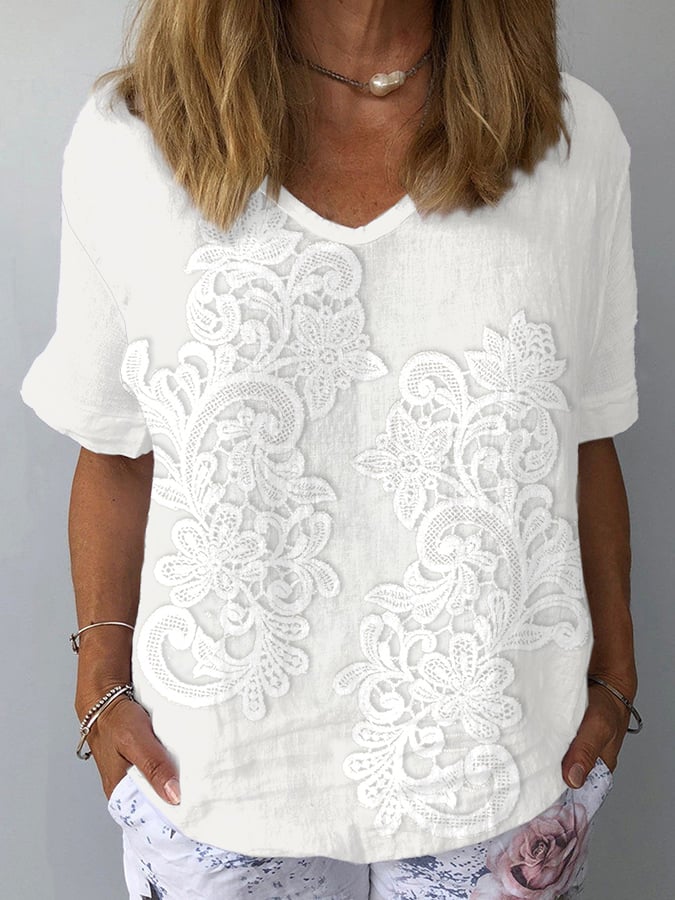 Women's Casual Floral Embroidery Print Cotton and Linen T-Shirt