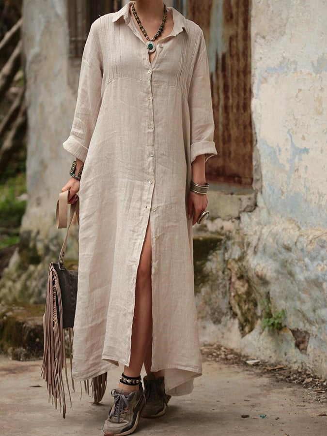 Women's Fashion Casual Loose Shirt Collar Design Solid Color Dress