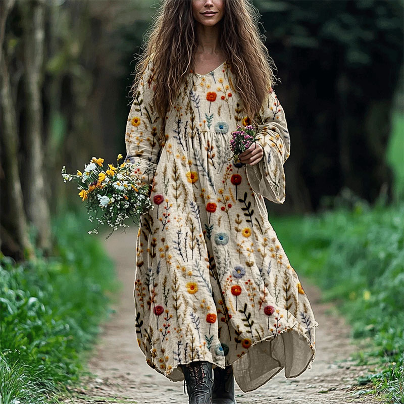 Vintage Boho Flowers Embroidered Linen Blend Maxi Dress