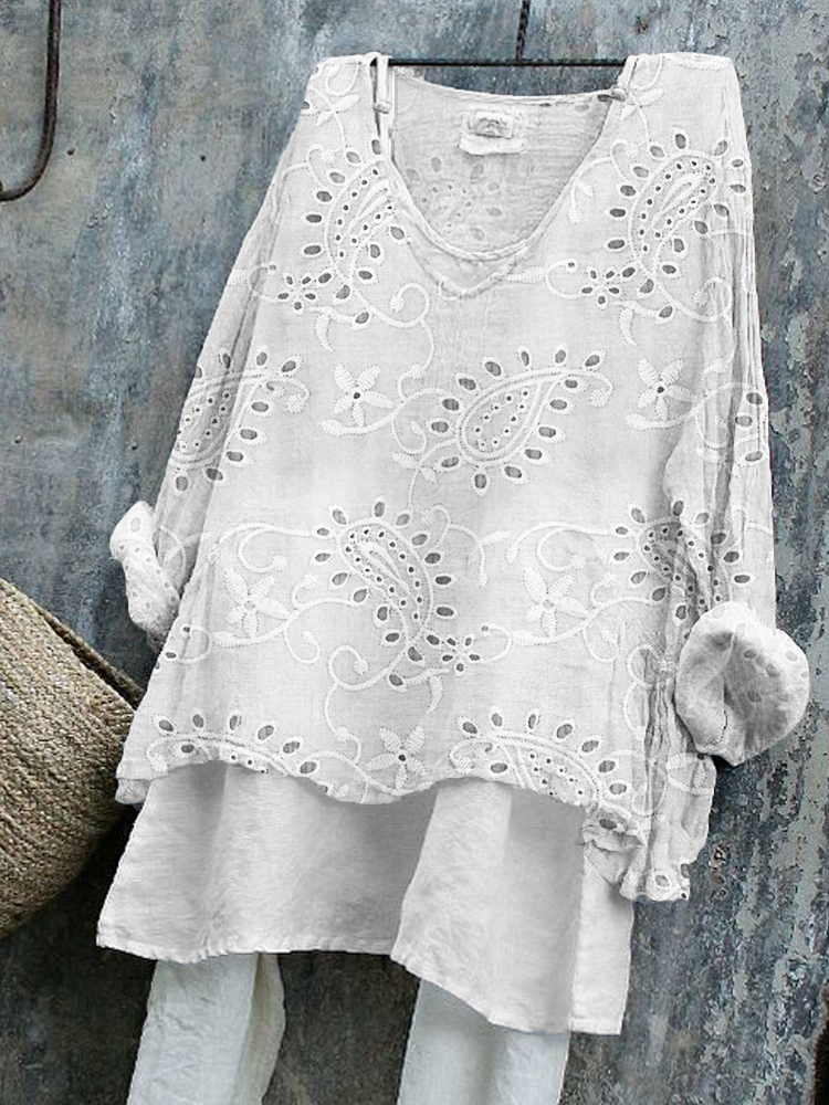 Vintage Western Paisley Floral Embroidered Lace Linen Blend Tunic
