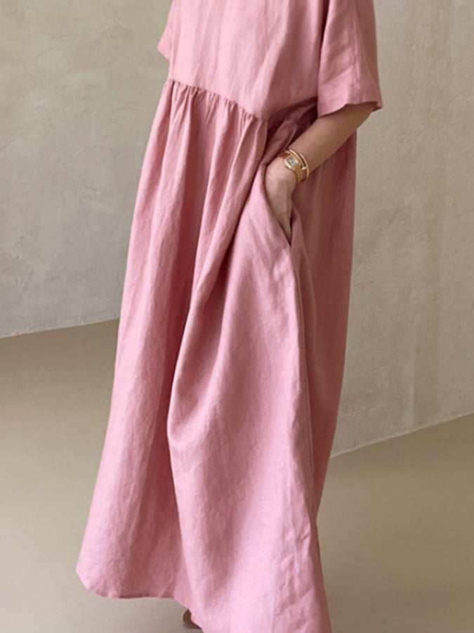 Women's Solid Color Buttoned Design Loose Cotton And Linen Casual Dress