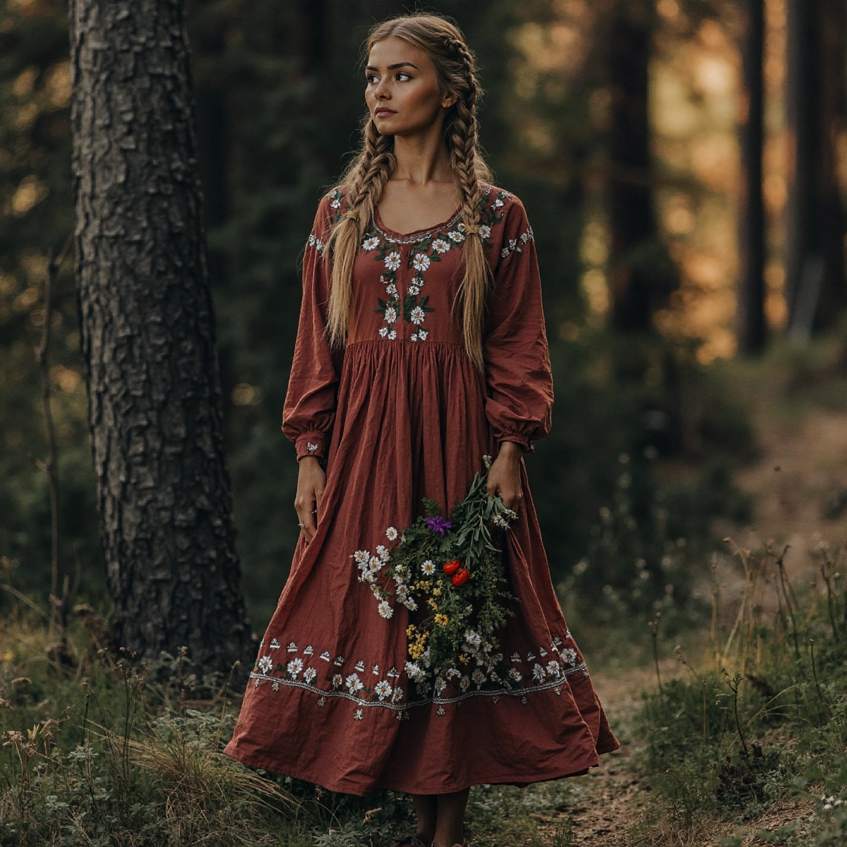 Women's Vintage Floral Embroidered Cotton Linen Dress