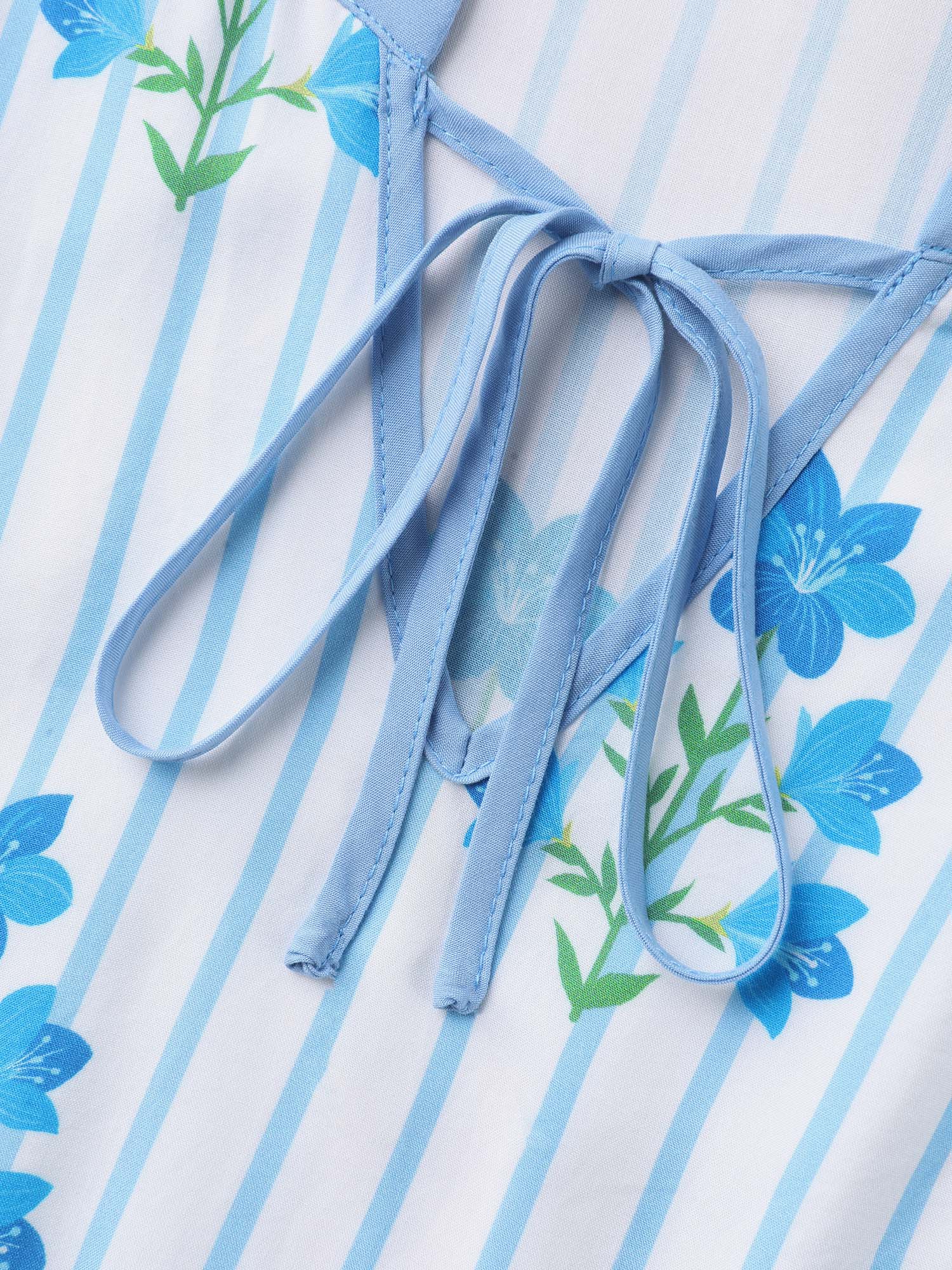 Stripe Floral Notched Neck Tie Midi Dress