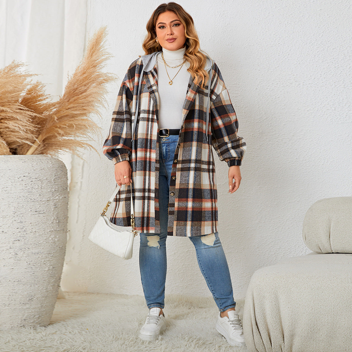 Plus Size Autumn Winter Women Girls Plaid Hooded Mid Length Coat for Women