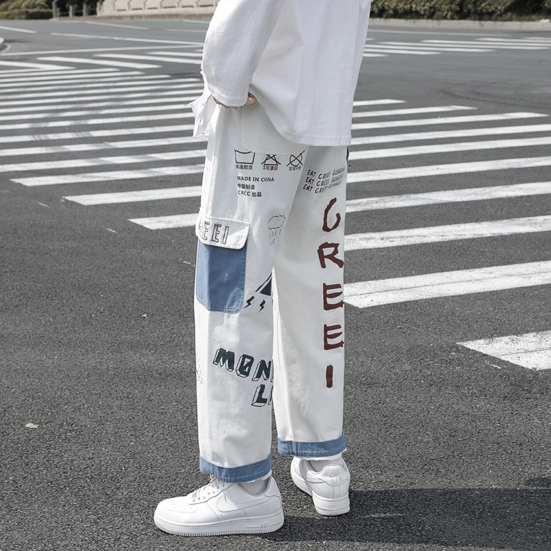 Autumn graffiti jeans straight-tube loose fashion designer overalls Korean fashion casual pants