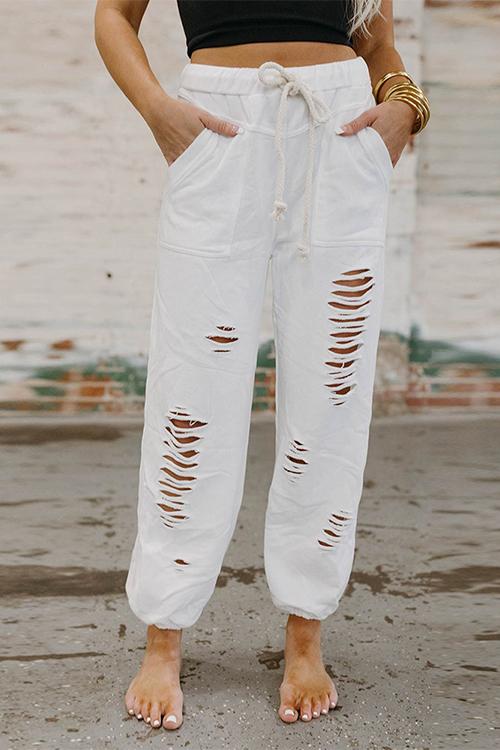 Heididress Tie Waist Ripped Cut Out Joggers with Pockets