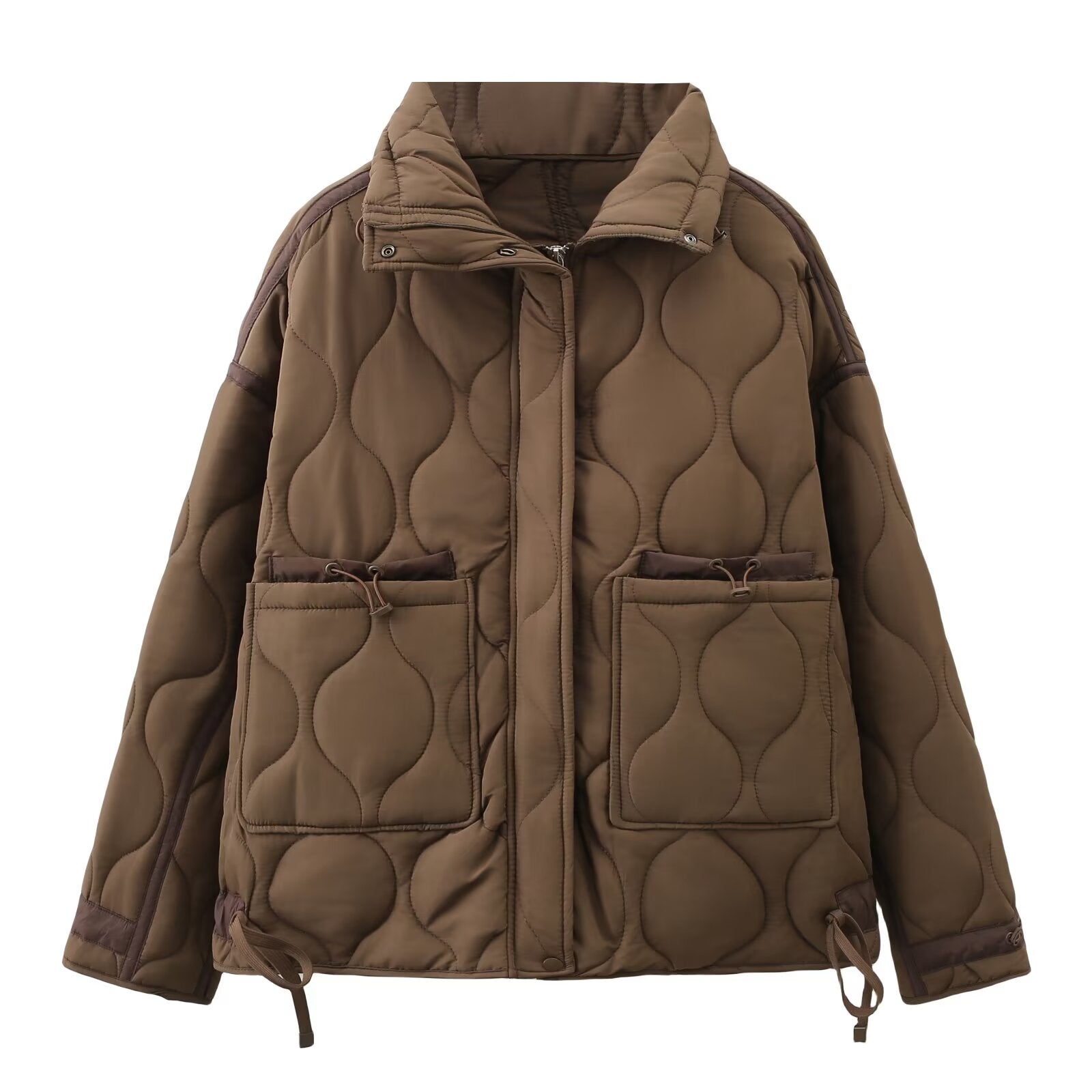 Casual Loose Diamond Lattice Stand Collar Long Sleeve Cotton Jacket Short Coat