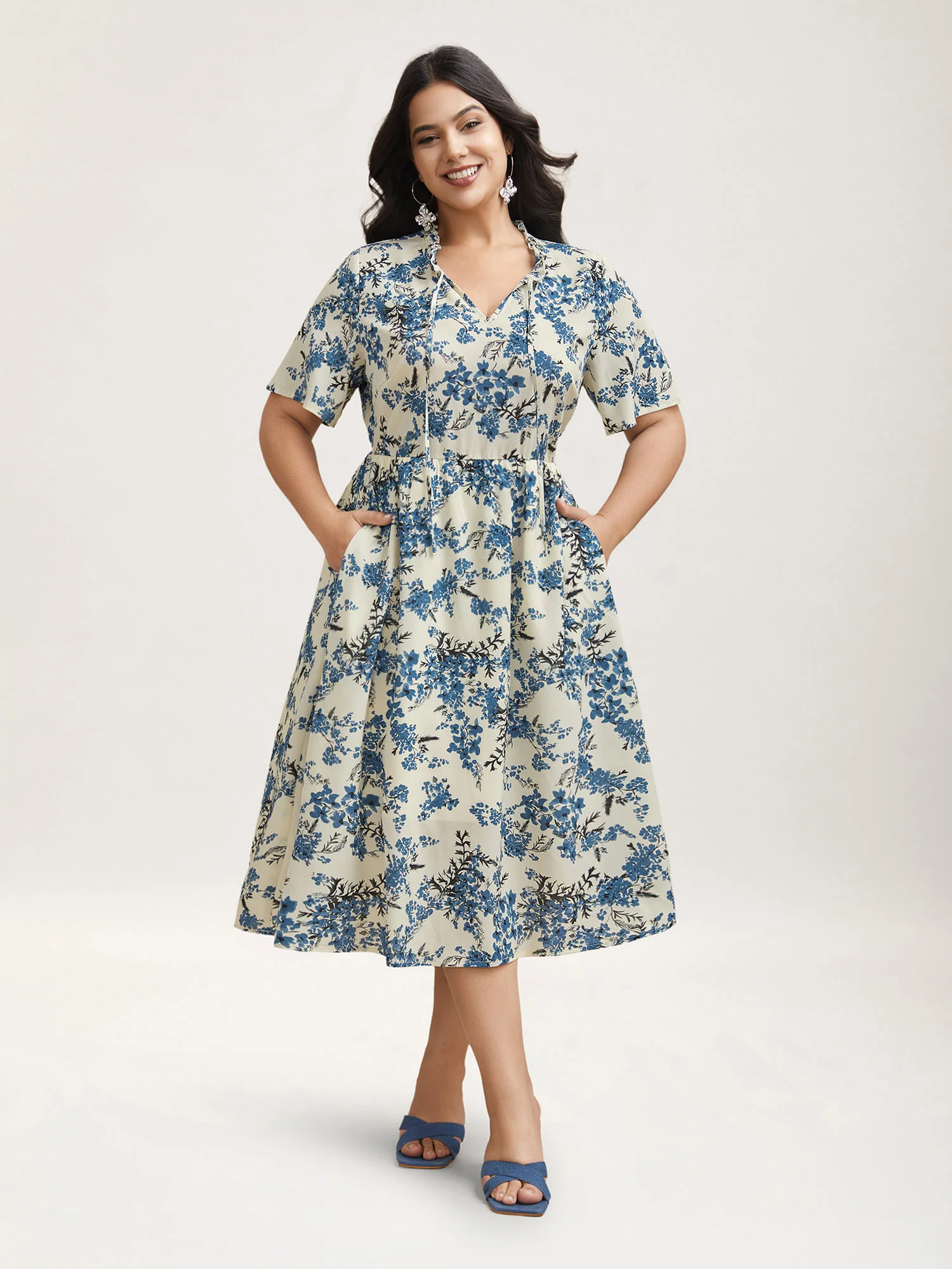 In Full Bloom Notched Collar Pockets Midi Dress