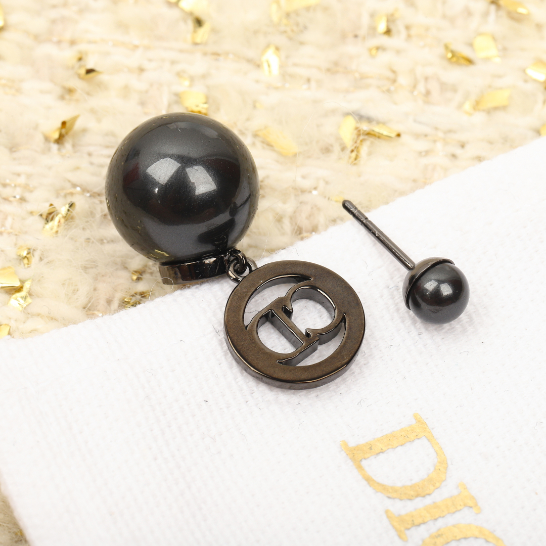 Dior Round Crystal CD Double Ball Pearl Earrings