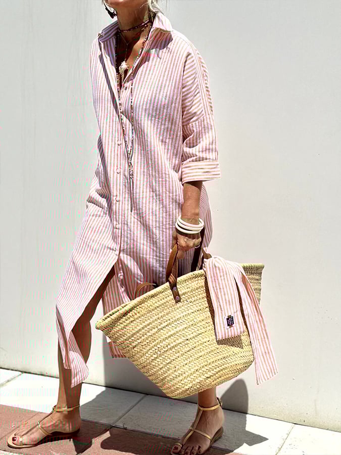 Women'S Striped Half Sleeve Shirt Slit Dress