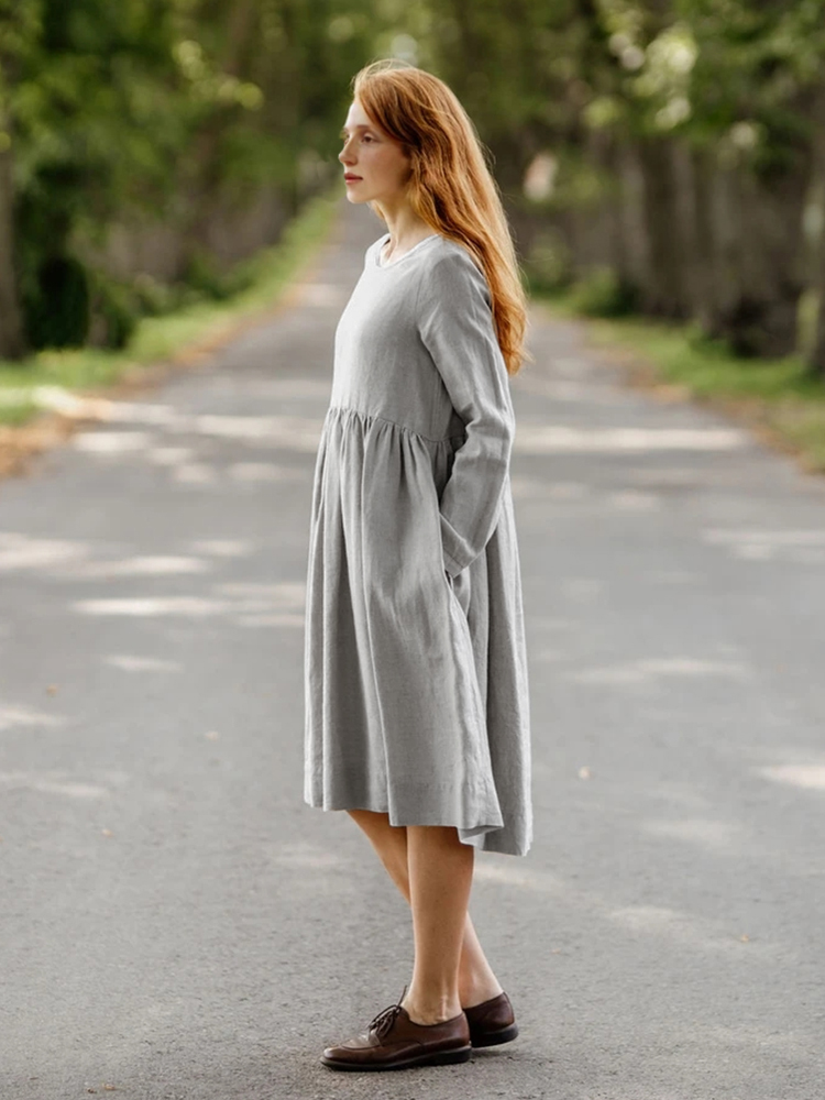 Pleated Wide Skirt Linen Midi Dress