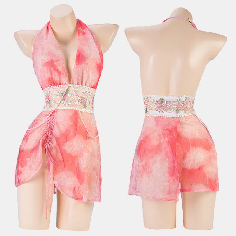 Tie-dye Deep V-neck Pearl Decor Vintage Lingerie Set