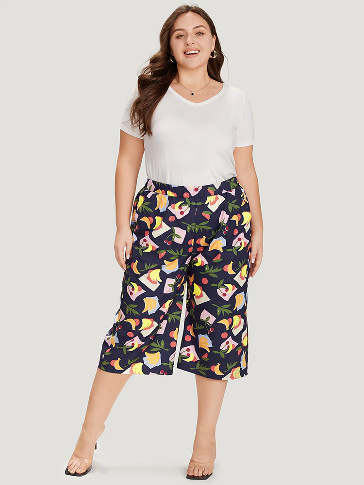 Fruit Print Slant Pocket Elastic Waist Pants