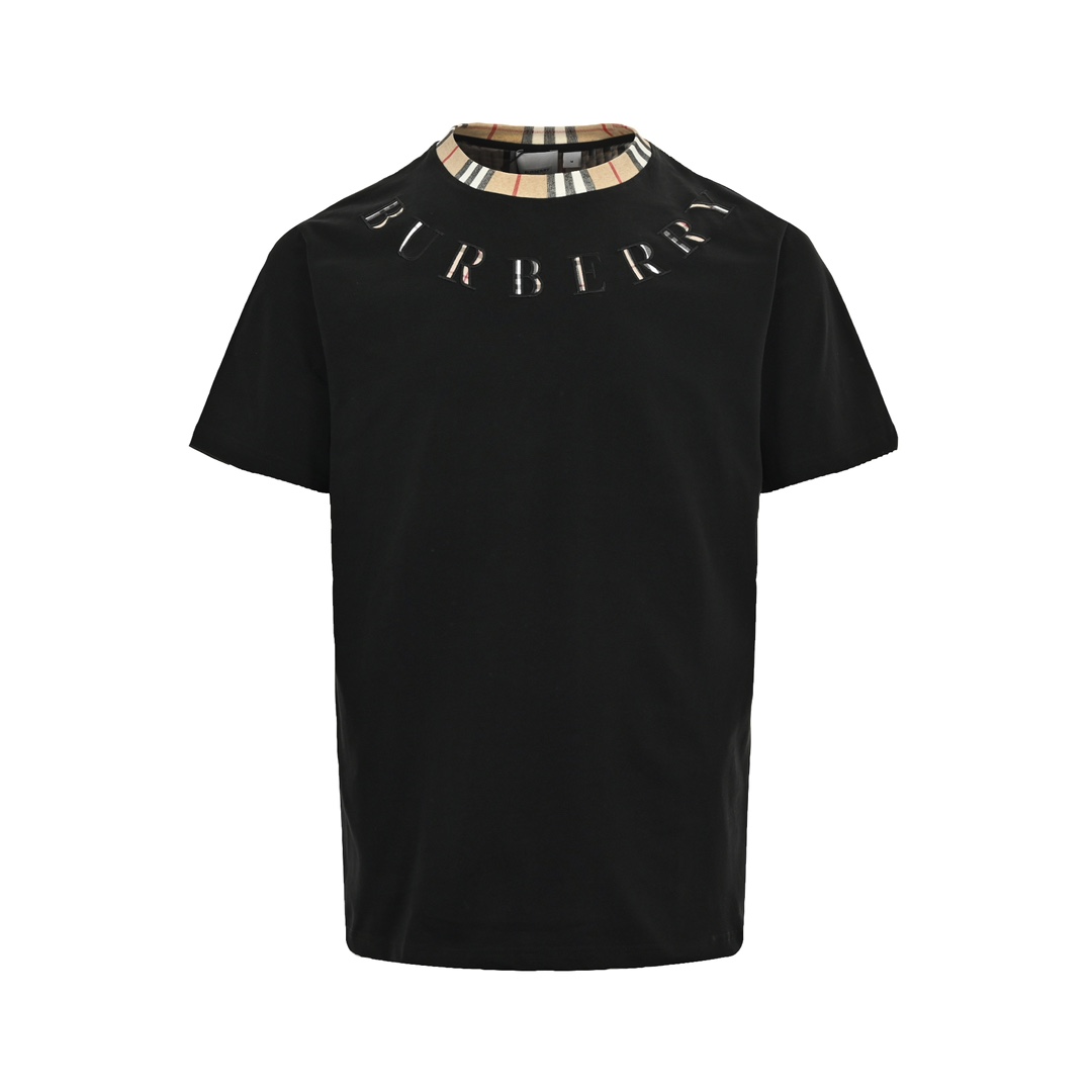 Burberry 24ss plaid collar stitching embroidered letter short sleeves