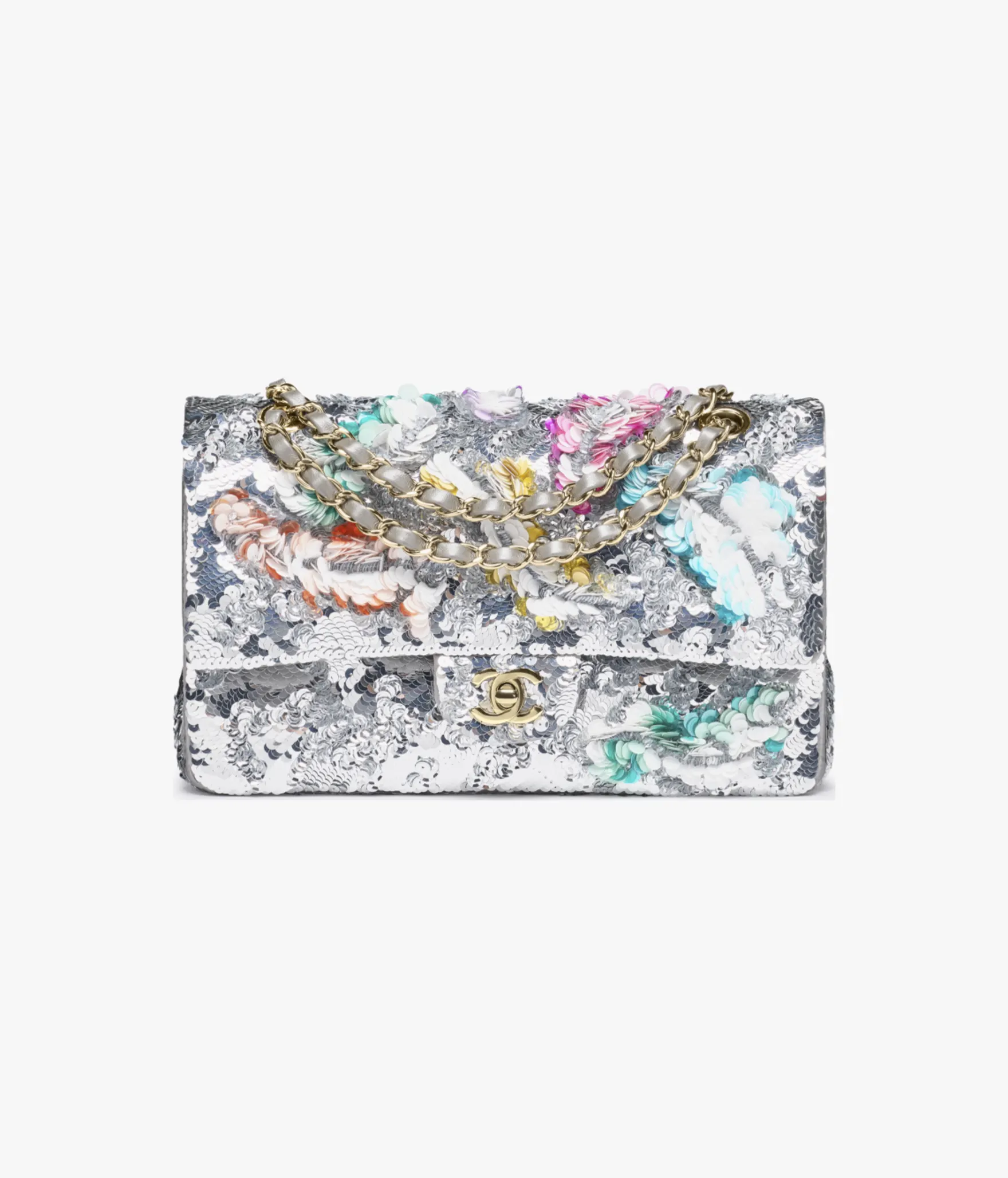 Chanel Classic 11.12 Handbag Embroidered Satin, Sequins, Glass Pearls and Silver Metal Multicolor A01112-B20590-U0971