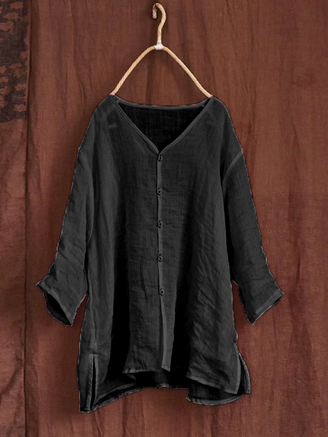 Women's Loose Solid Color V-Neck Mid-Sleeve Cotton And Linen Casual Shirt