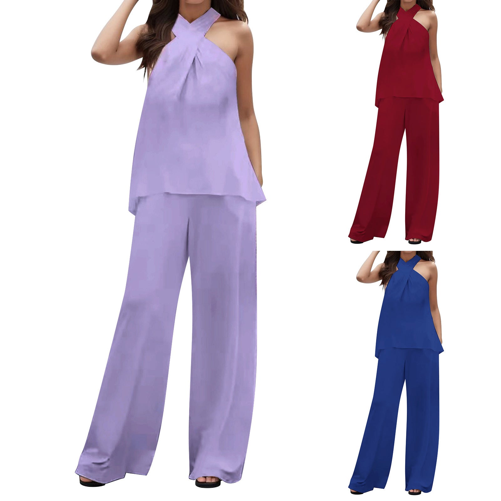 Solid Color Sleeveless Halter Top with V-neck and Elastic Waist Wide Leg Pants