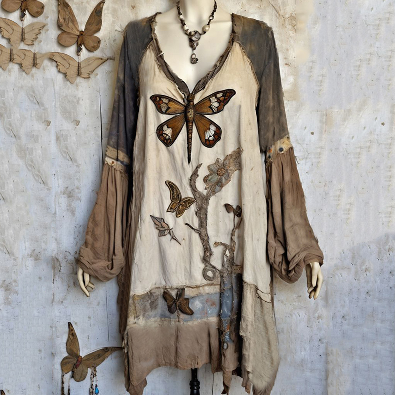 Vintage Butterfly And Dragonfly Embroidery Linen Blend Midi Dress