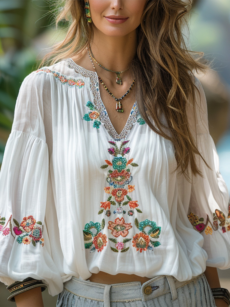 Women's Vintage Linen Bohemian Print Shirt