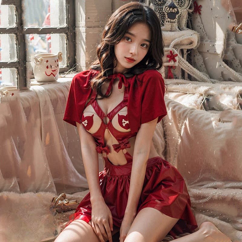Christmas Hollow Out PU Lingerie Set