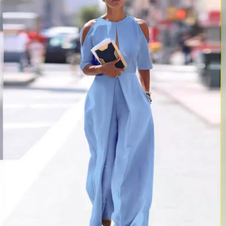 Women's Washed-Out Loose Straight-Leg Stitched Jumpsuit
