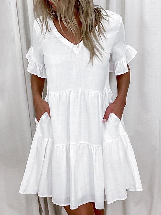 Women's Cotton Linen V-neck Solid Color Pocket Dress