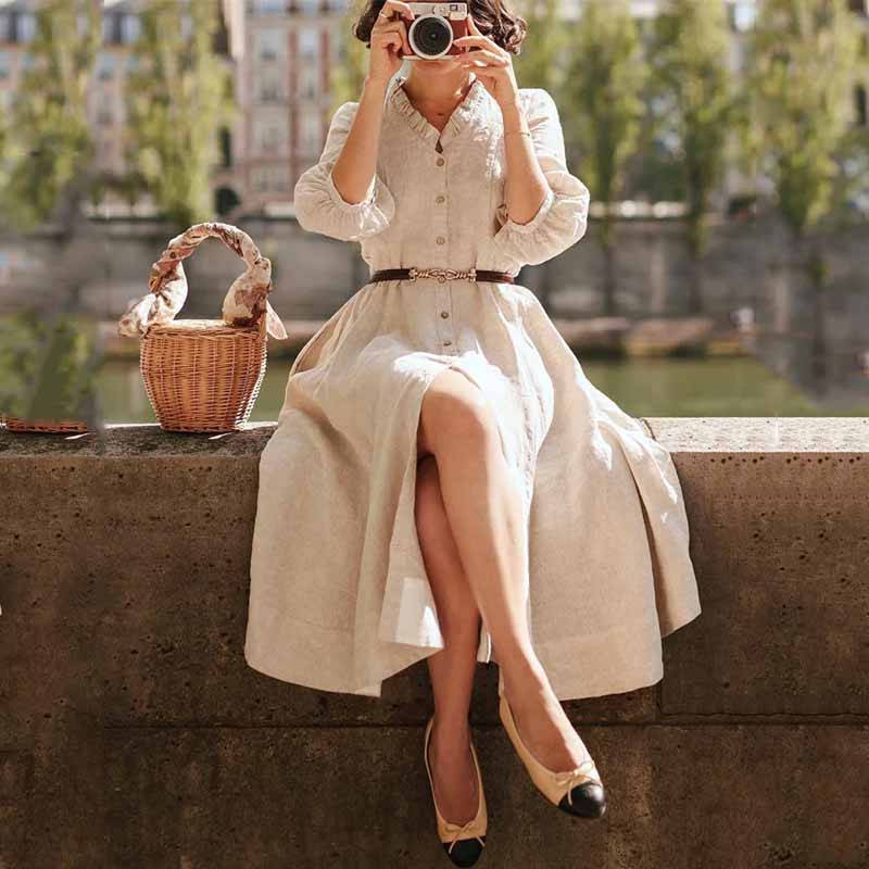 Vintage Classy Ruffle Hem Puff Sleeve Maxi Dress
