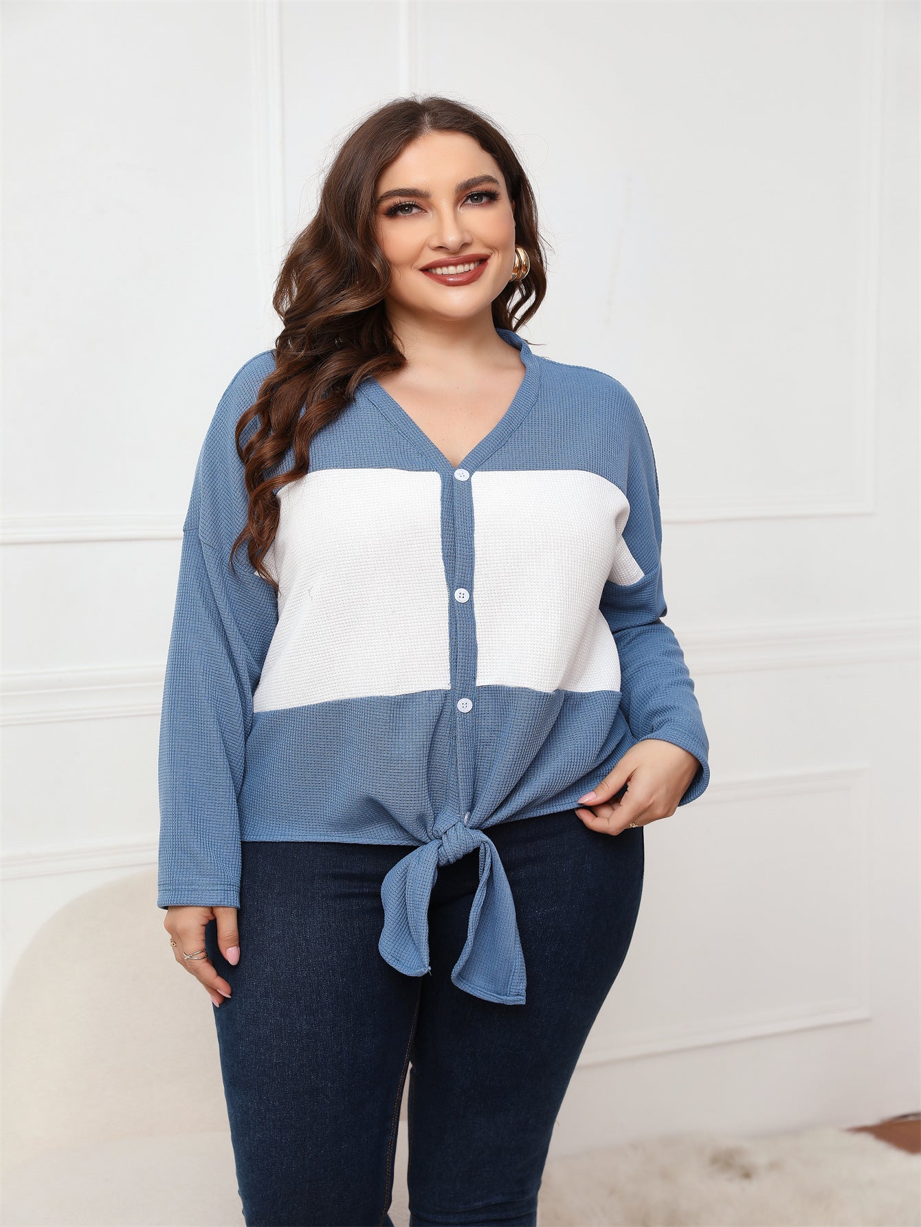 Plus Size Women Clothing Spring Autumn Long Sleeve V Neck Open Placket Top