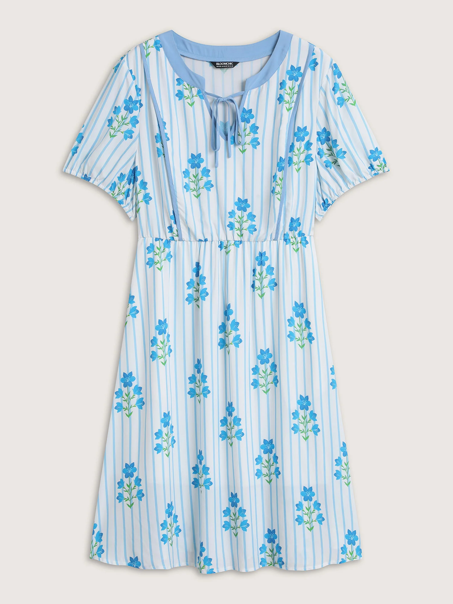 Stripe Floral Notched Neck Tie Midi Dress