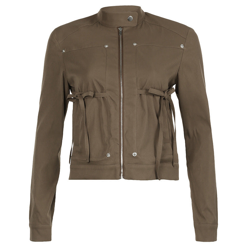 Woman's Heavy-Duty Fashion Jacket with Stand Collar and Zipper Pockets