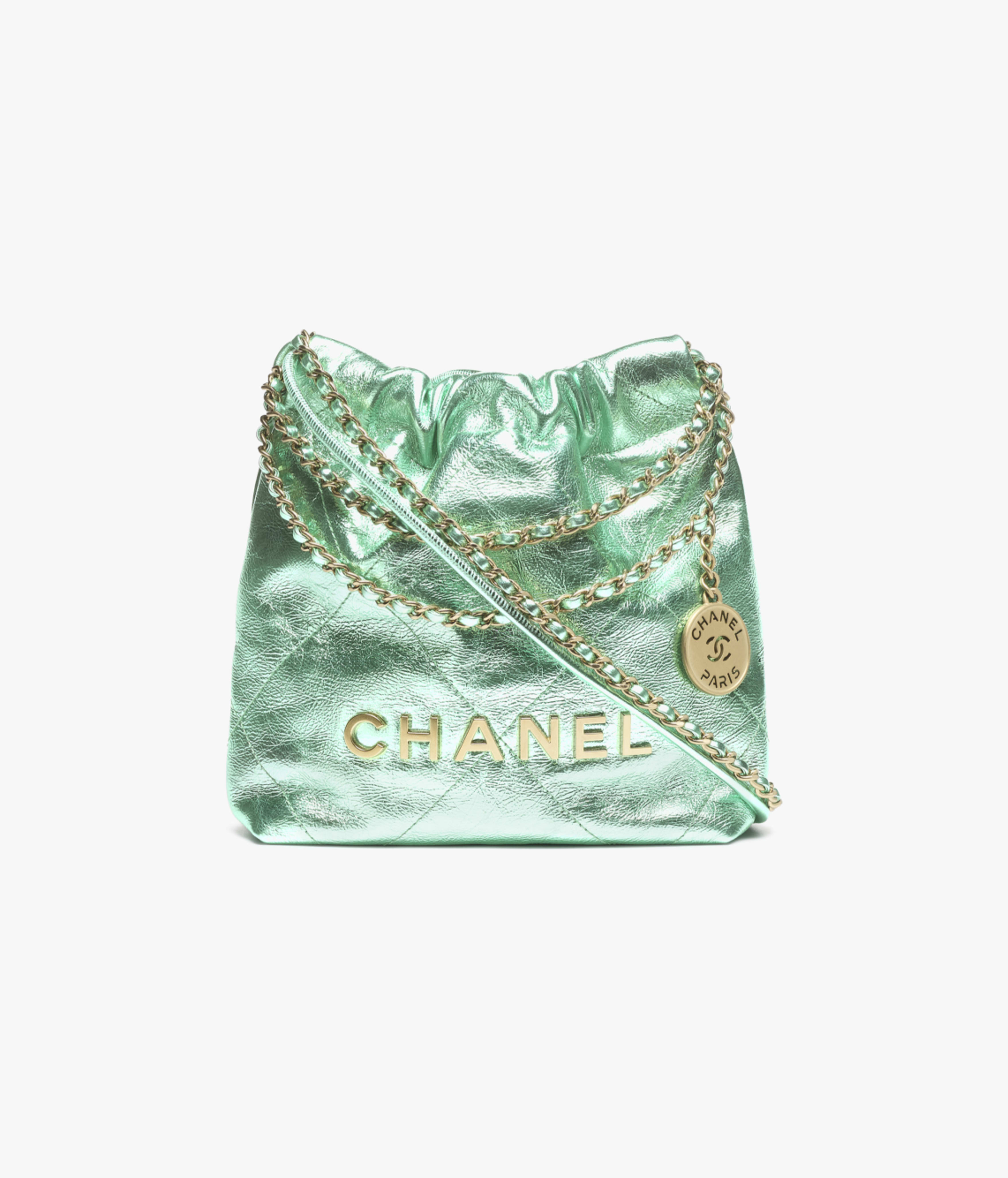 CHANEL 22 Mini Handbag Metallic Calfskin & Gold Metal Green AS3980-B18806-NABKC