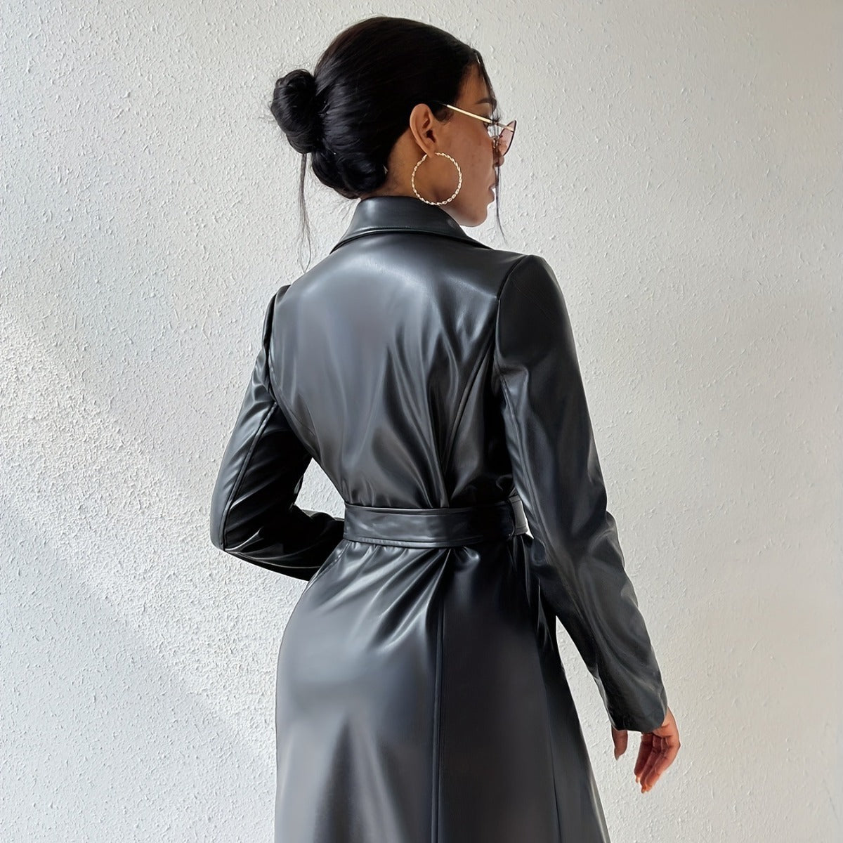 PU Long Sleeve Slim Fit Women's Long Trench Coat