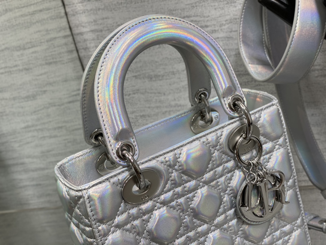 DIOR Lady Four-grid Laser Silver Princess Diana Bag