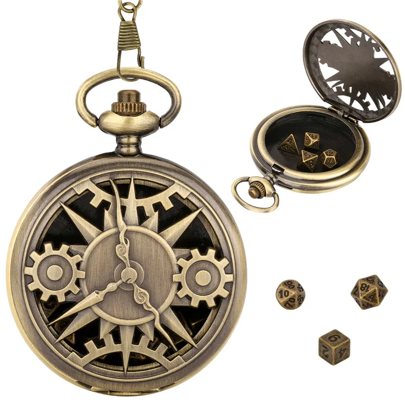 Steampunk Hollow Gear Cover Pocket Watch Case with 7pcs/set Metal Polyhedral Dices Pendant FOB Chain Gaming Accessory Gift