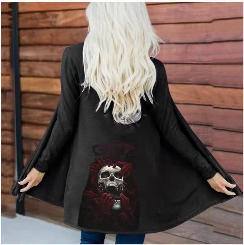 Women's Fashion Long Sleeve Cardigan Coat Top with Halloween Skull Print