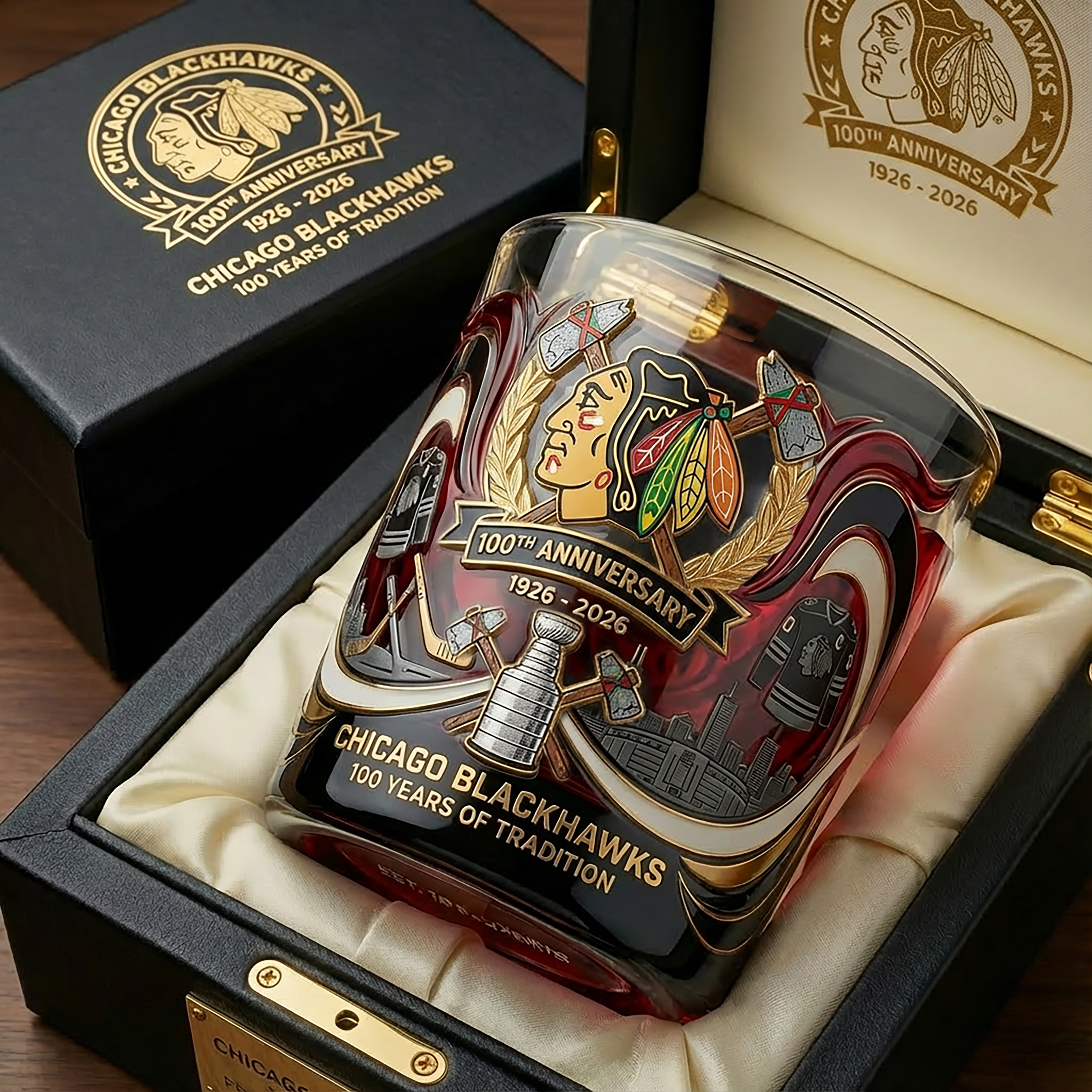 🥃 Chicago Blackhawks – 100th Anniversary Whiskey Glass