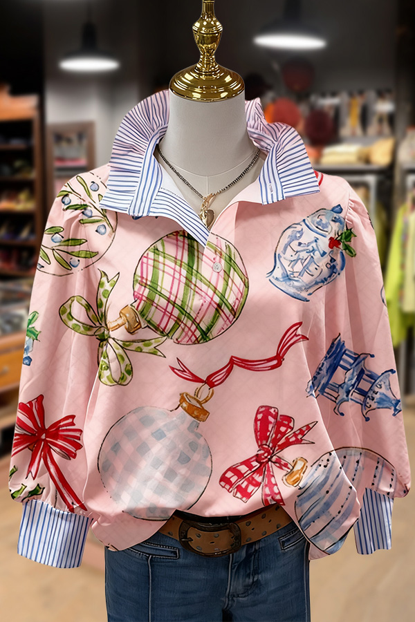 Christmas Ornaments Print Striped Collar Top