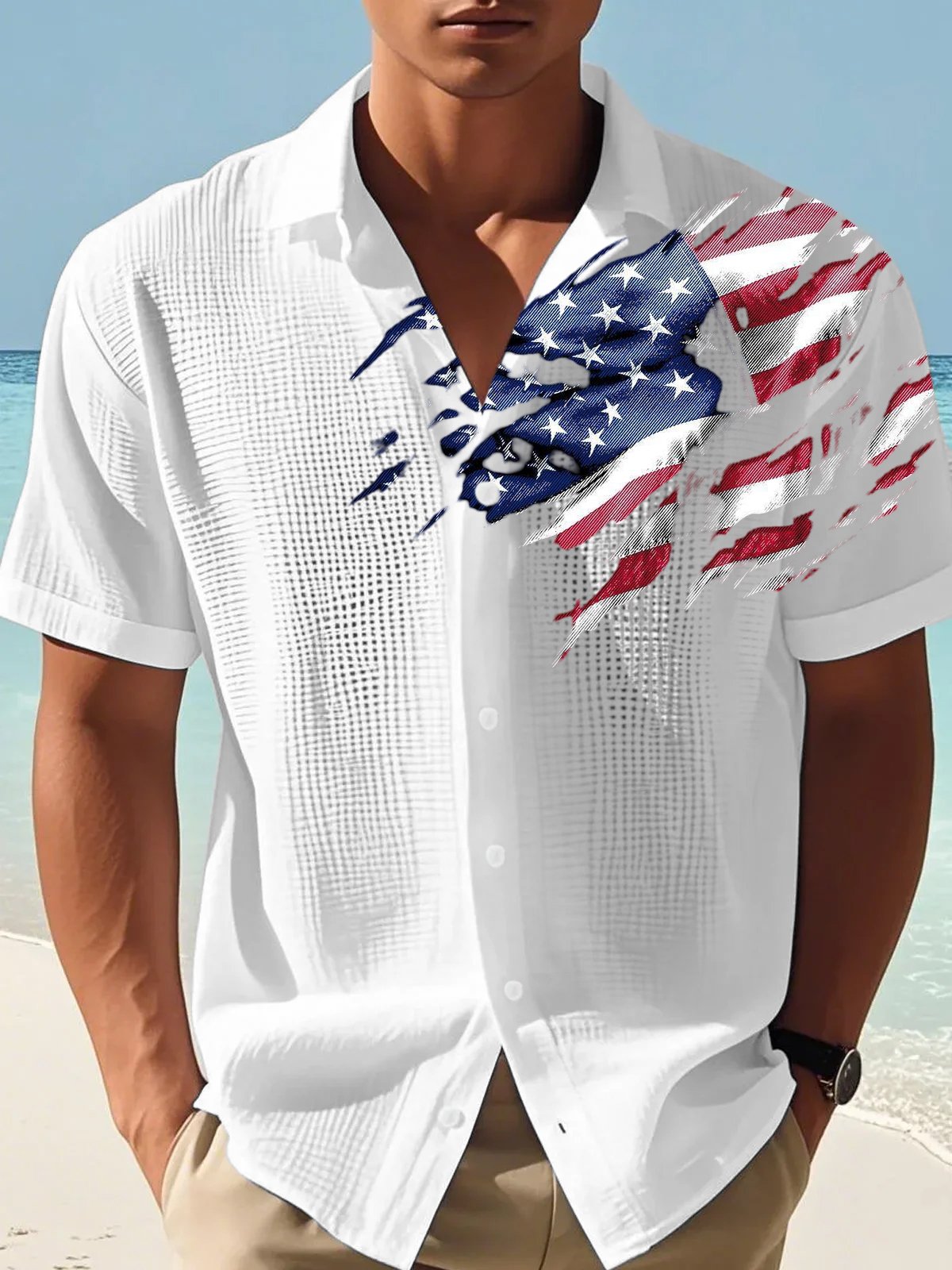 Men'S National Flag Printed Casual Waffle Shirt