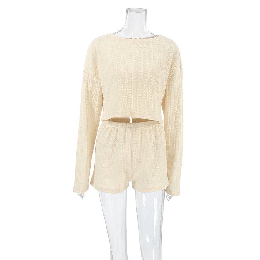 Spring Sexy Knitted Cropped Long Sleeve Pajamas Shorts Two Piece Comfortable Soft Home Wear