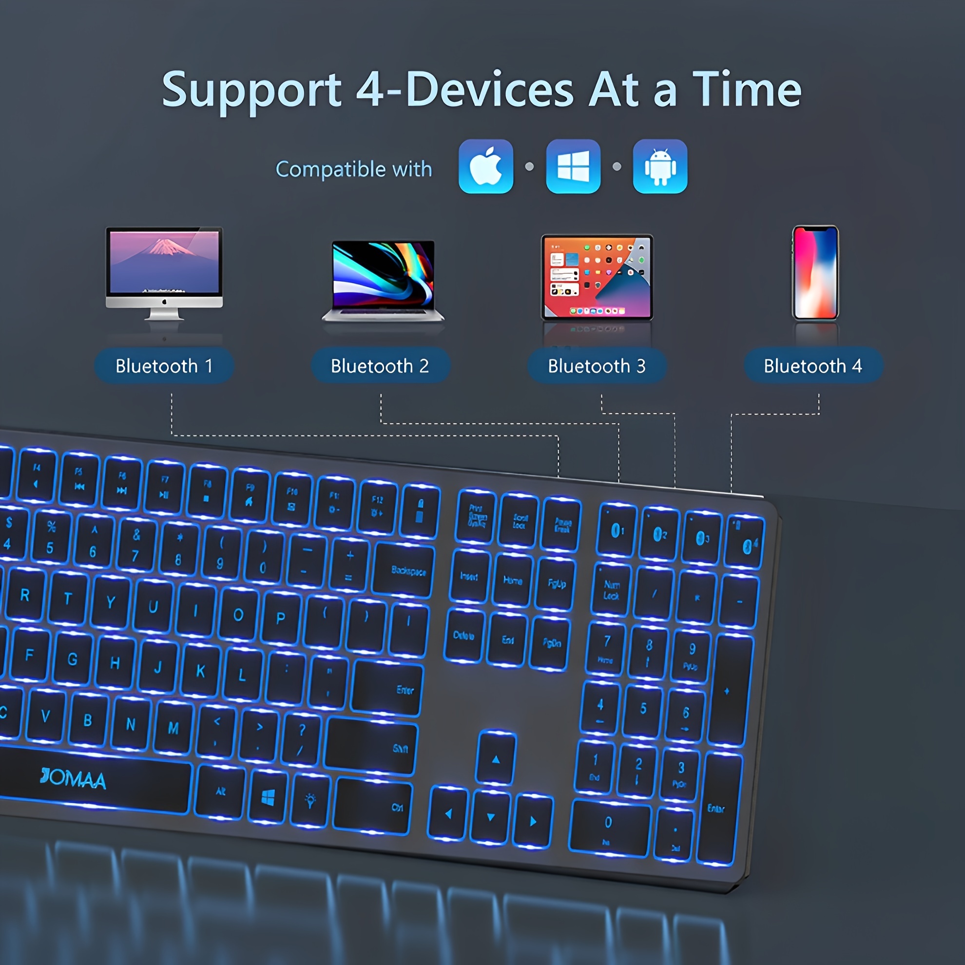 JOMAA BT Keyboard LED Backlit Wireless Keyboard Rechargeable Keyboard For  PC IPad Laptop