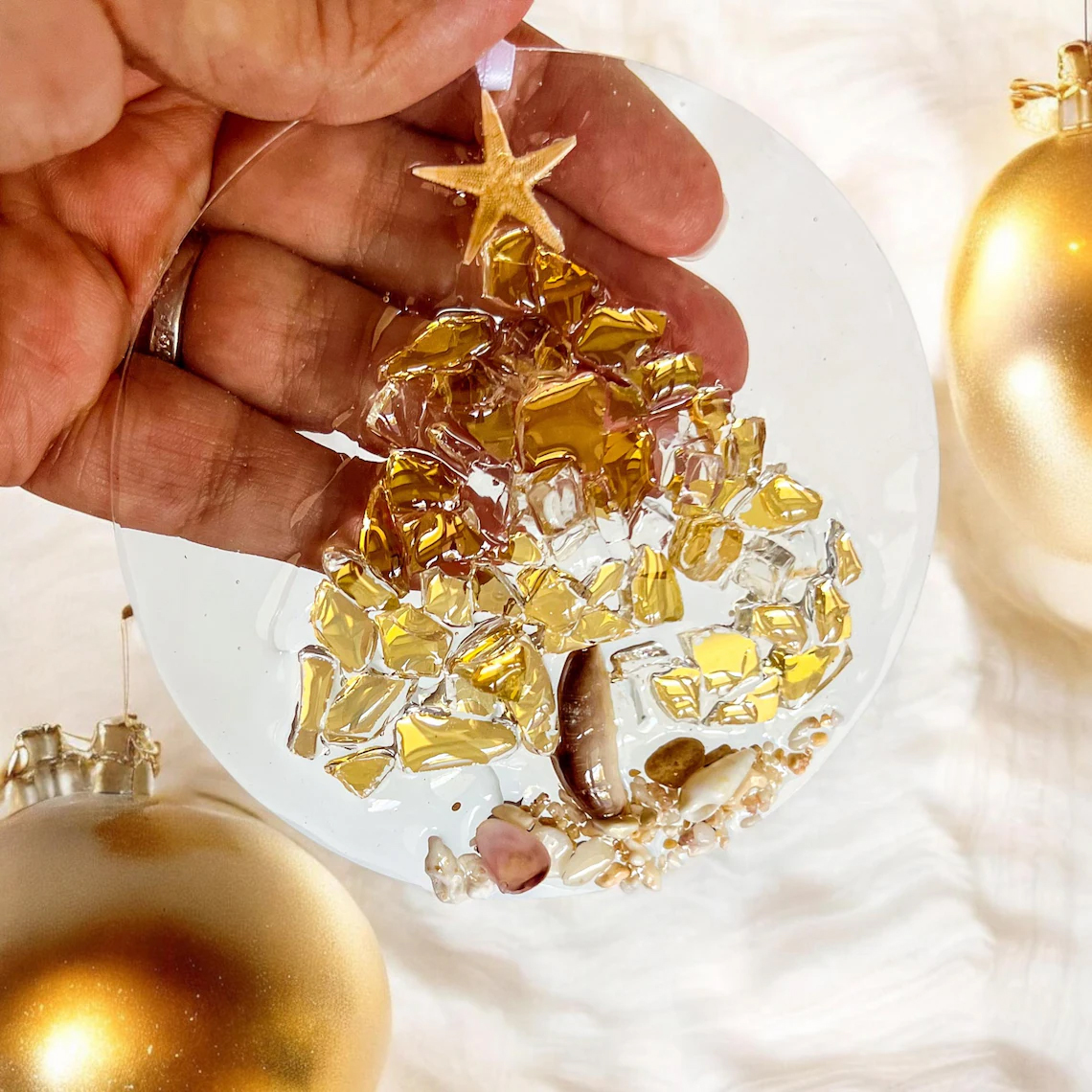 Handcrafted Starfish & Crushed Glass Christmas Ornament